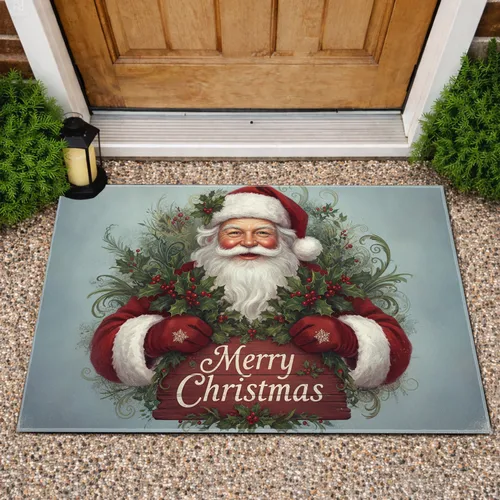 Santa Claus Merry Christmas Sign Holly - Christmas Home Decor Doormat