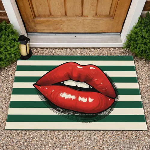 Glossy Red Lips Emerald Green Cream Horizontal Stripes - Home Decor Gift Doormat
