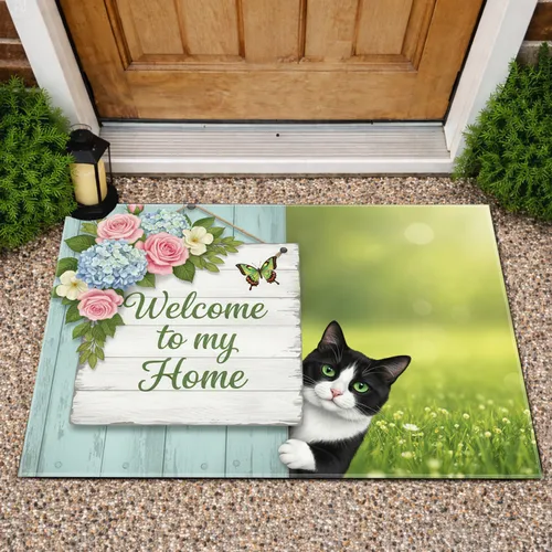 Tuxedo Cat Welcome Home Sign Pink Roses Butterfly - Home Decor Gift for Cat Lover Doormat