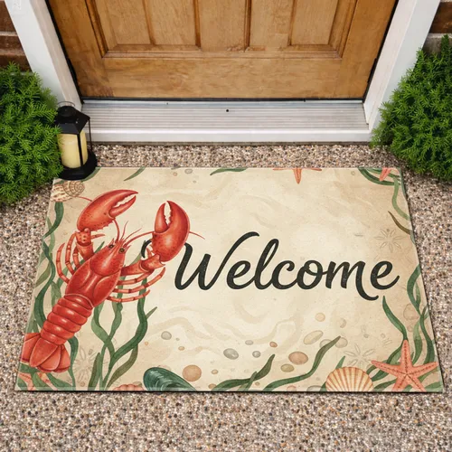 Cooked Lobster Welcome Seashell Starfish - Rustic Coastal Decor Gift Doormat