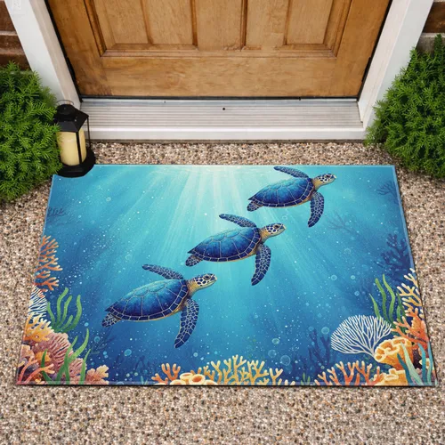 Three Sea Turtles Coral Reef Ocean Water - Ocean Lover Home Decor Gift Doormat