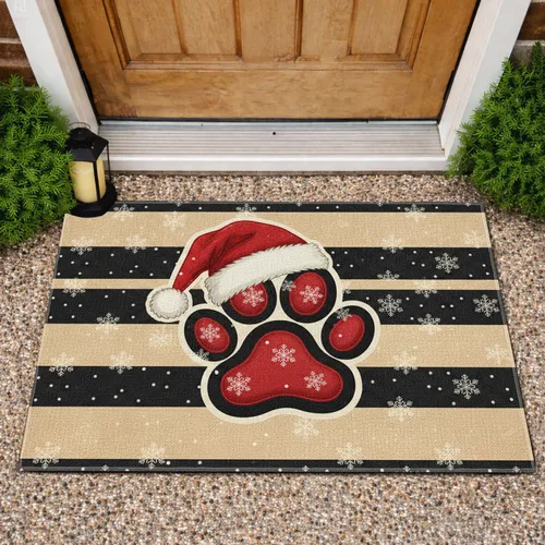 Black Paw Print Santa Hat Snowflakes - Winter Christmas Holiday Gift Doormat