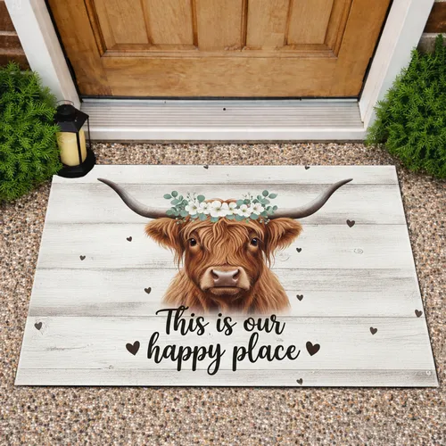 Highland Cow Floral Wreath Rustic Wood - Farmhouse Home Decor Gift for Cow Lover Doormat