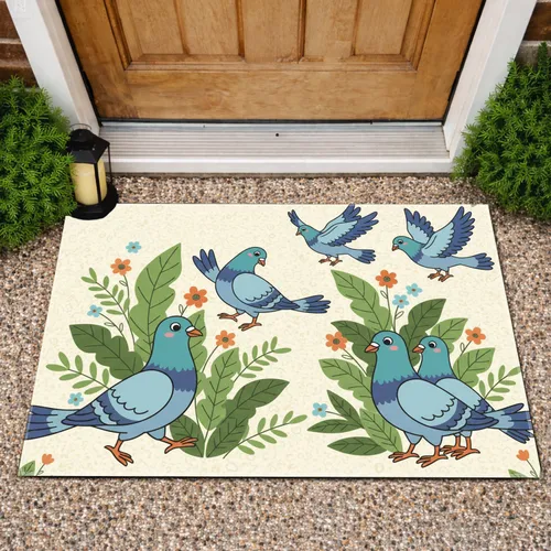 Cartoon Pigeons Green Foliage Flowers Decor - Home Decor Gift for Bird Lover Doormat