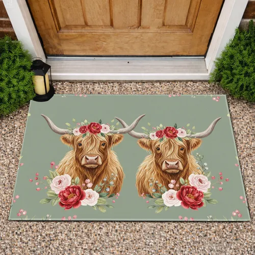 Highland Cow Floral Garden - Farmhouse Decor Gift for Cow Lover Doormat
