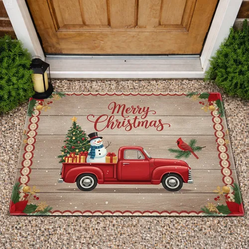 Merry Christmas Red Truck Snowman Tree Christmas Decor Doormat