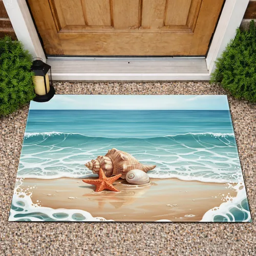 Conch Shell Clam Starfish Wet Sand Ocean Beach - Coastal Home Decor Gift Doormat