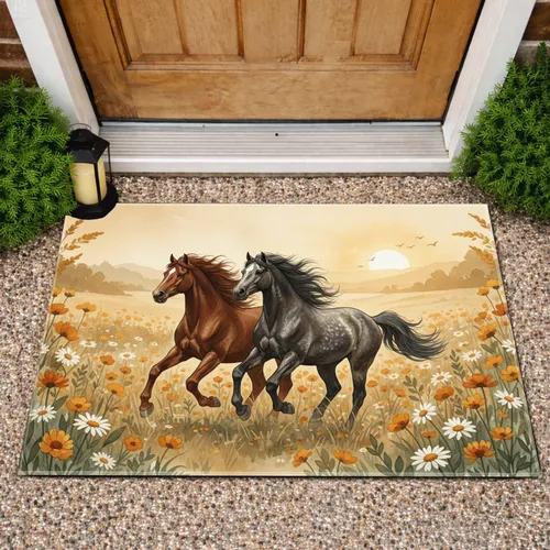 Galloping Wild Horses Wildflower Meadow Sunlit Scene - Nature Home Decor Gift Doormat