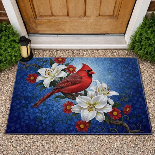 Red Cardinal Lilies Daisies Forget-Me-Nots - Nature Lover Home Decor Gift Doormat