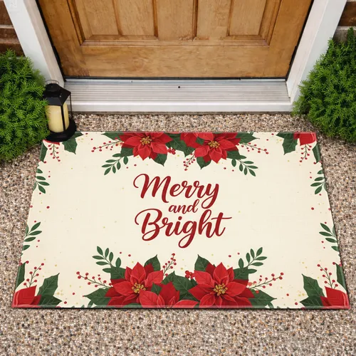 Merry and Bright Poinsettia Winter Berries - Christmas Decor Doormat