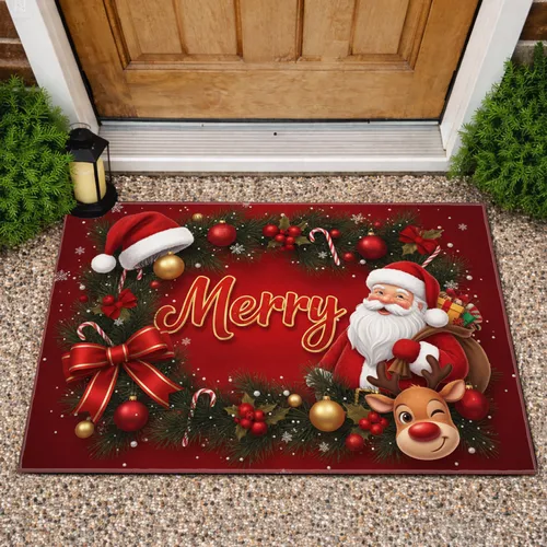 Merry Santa Claus Reindeer Christmas Ornaments - Holiday Home Decor Gift Doormat