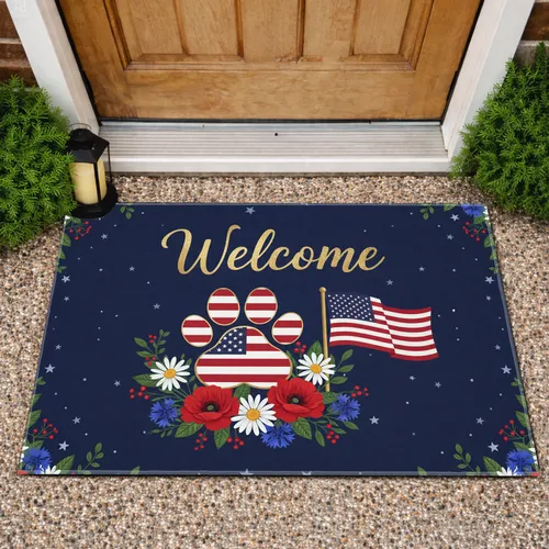 Patriotic Floral Welcome American Flag Paw Print - Home Decor Gift for Veterans Doormat