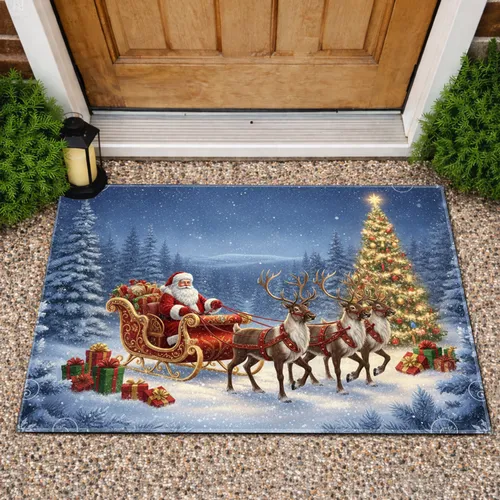 Santa Claus Sleigh Reindeer Christmas Forest - Holiday Home Decor Gift Doormat