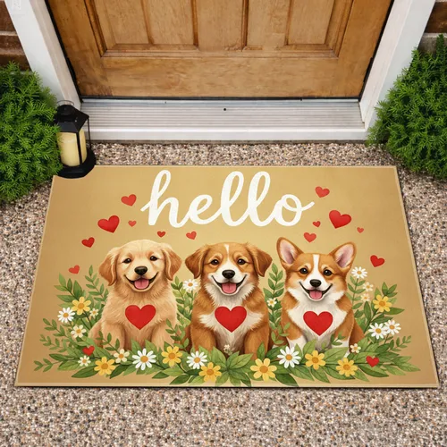 Happy Puppies Red Heart Hello Flowers Foliage - Home Decor Gift for Dog Lover Doormat