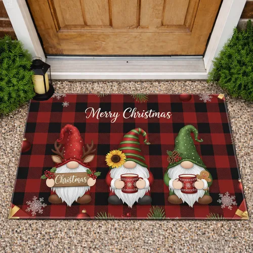 Christmas Gnomes Buffalo Plaid Merry Christmas - Holiday Gift Doormat
