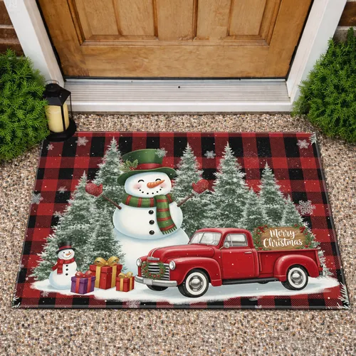 Red Truck Snowman Buffalo Plaid Christmas - Rustic Farmhouse Decor Gift Doormat