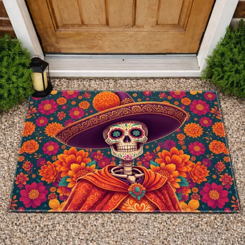 Ornate Calavera Sombrero Marigold Floral - Day of the Dead Decor Gift for Home Doormat