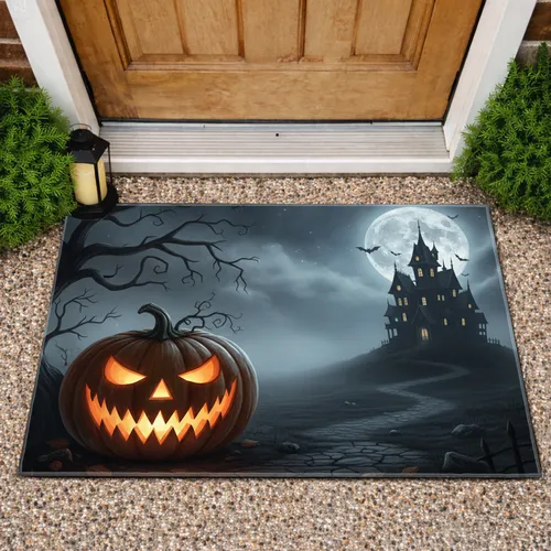 Glowing Jack-o'-Lantern Haunted Mansion Full Moon Halloween Party Decor Doormat