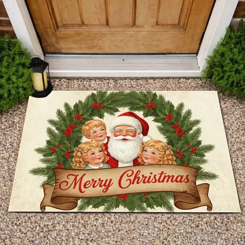 Santa Children Merry Christmas Banner - Christmas Holiday Gift Doormat