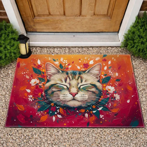 Sleeping Cat Abstract Floral Botanical - Everyday Home Decor Gift for Cat Lovers Doormat