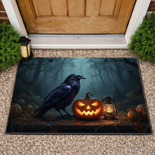 Rustic Raven Jack-o'-Lantern Gnarled Tree Forest - Halloween Party Decor Doormat