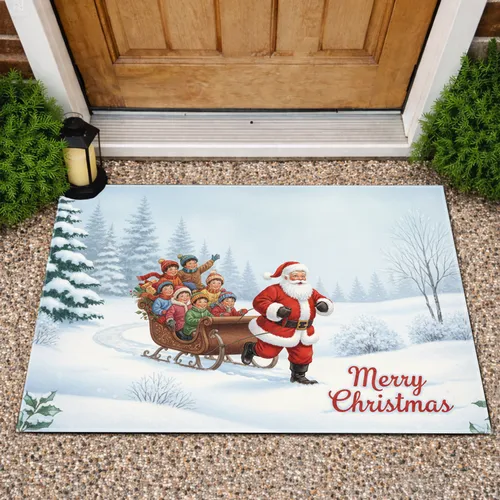 Santa Claus Sleigh Children Snowy Forest - Christmas Holiday Decor Doormat