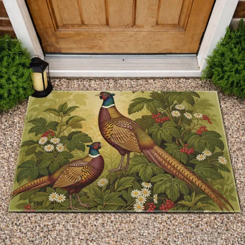 Pheasant Botanical Berry Flowers - Wildlife Lover Home Decor Gift Doormat