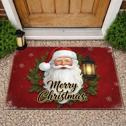 Santa Claus Holly Berries Snowflakes Merry Christmas - Christmas Holiday Home Decor Gift Doormat