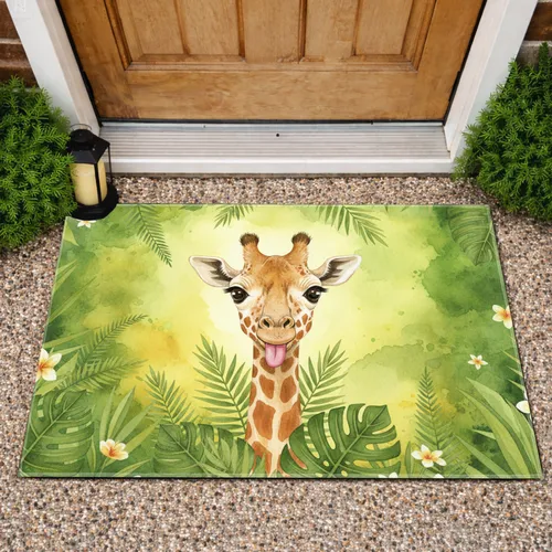 Giraffe Head Tongue Out Tropical Jungle Foliage - Home Decor Gift for Giraffe Lover Doormat
