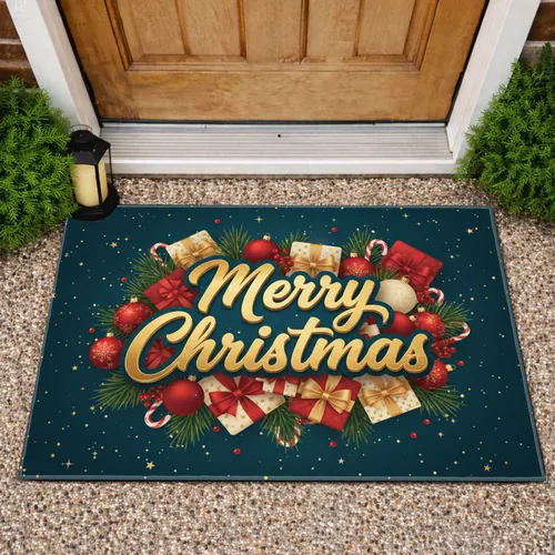 Merry Christmas Script Gifts Ornaments Golden Stars - Christmas Holiday Decor Doormat