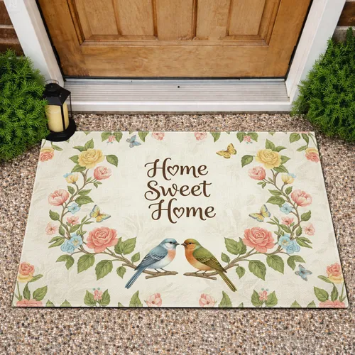 Home Sweet Home Calligraphy Songbirds Floral Vines - Home Decor Gift Doormat