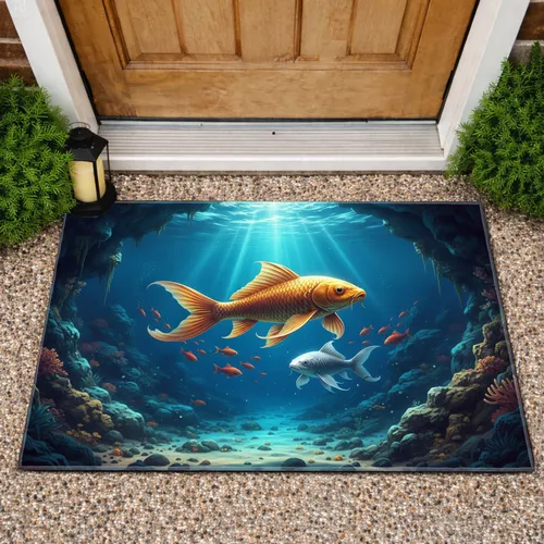 Koi Fish School Underwater Reefs Caves Sunlight - Home Decor Gift Doormat