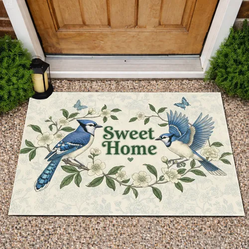 Sweet Home Blue Jay Floral Vine Butterflies - Home Decor Gift for Bird Lover Doormat