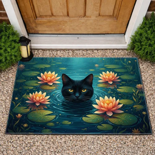 Black Cat Water Lily Lotus - Home Decor Gift for Cat Lover Doormat