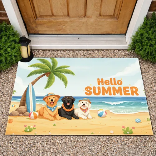 Hello SUMMER Dogs Beach Scene - Summer Home Decor Gift for Dog Lover Doormat