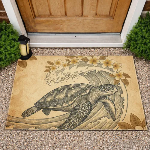 Majestic Sea Turtle Wave Tropical Plumeria Flowers - Wildlife Lover Home Decor Doormat