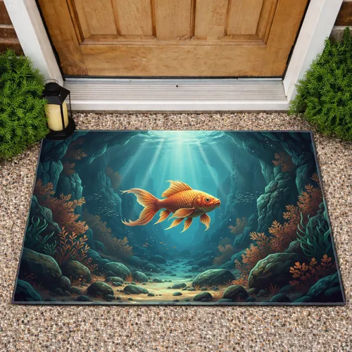 Golden-Orange Fish Underwater Grotto - Home Decor Gift for Ocean Lover Doormat