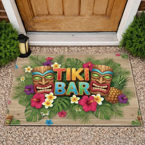 Tiki Bar Tiki Masks Tropical Flowers Pineapple - Home Decor Gift for Tiki Lover Doormat