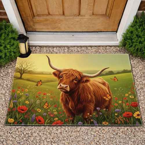 Highland Cow Wildflower Meadow - Farmhouse Home Decor Gift for Cow Lover Doormat