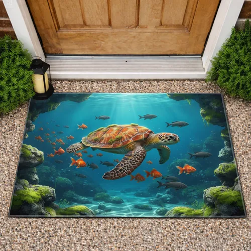 Sea Turtle Goldfish Mossy Rocks Underwater - Ocean Lover Home Decor Gift Doormat