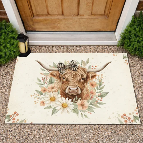 Shaggy Highland Cow Leopard Bow Wildflowers - Farmhouse Home Decor Gift for Cow Lover Doormat
