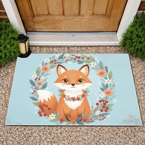 Fox Floral Wreath Red Berries White Flowers - Home Decor Gift for Fox Lovers Doormat