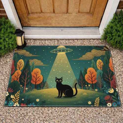 UFO Black Cat Forest Hillside Night Scene - Home Decor Gift for Cat Lover Doormat