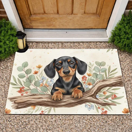 Dachshund Puppy Branch Wildflowers Botanical - Home Decor Gift for Dog Lover Doormat
