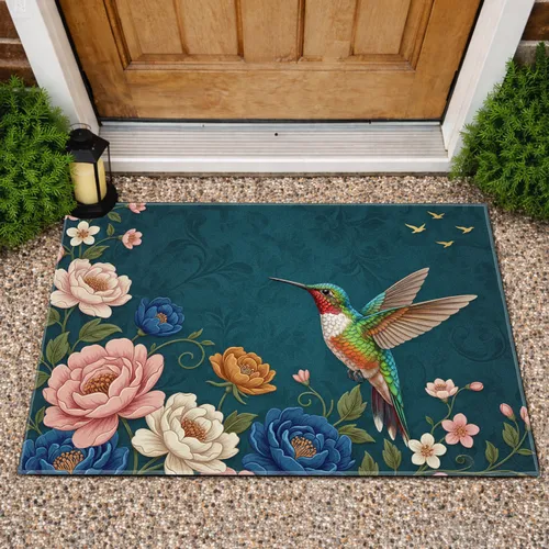 Iridescent Hummingbird Teal Floral - Home Decor Gift for Wildlife Lovers Doormat