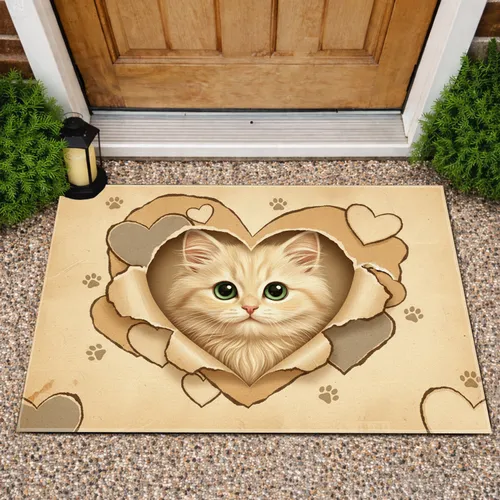 Fluffy Kitten Torn Heart Paw Prints - Kitten Lover Home Decor Gift Doormat