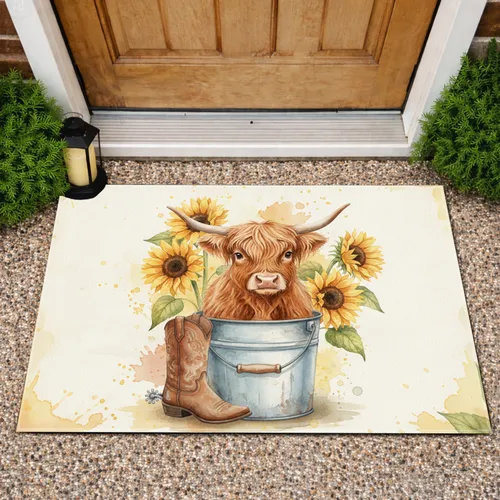 Highland Cow Sunflowers Cowboy Boot - Farmhouse Decor Gift for Cow Lover Doormat