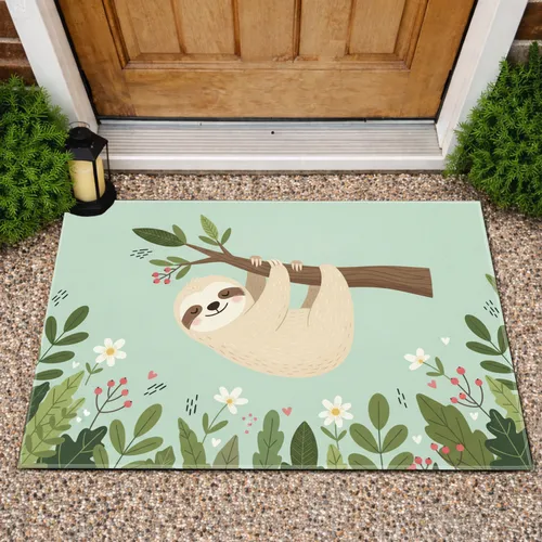Sloth Hanging Tree Branch Botanical Flowers Hearts - Sloth Lover Home Decor Gift Doormat