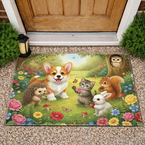 Six Baby Forest Animals Wildflower Meadow - Home Decor Gift for Wildlife Lover Doormat