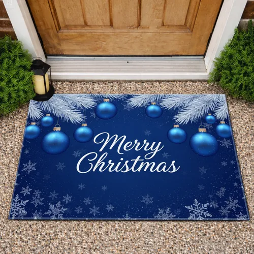 Merry Christmas Blue Ornament Pine Branch Snowflakes Holiday Decor Gift Doormat